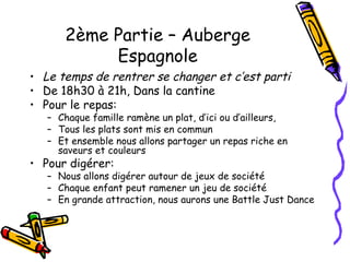 2ème Partie – Auberge
           Espagnole
• Le temps de rentrer se changer et c’est parti
• De 18h30 à 21h, Dans la cantine
• Pour le repas:
   – Chaque famille ramène un plat, d’ici ou d’ailleurs,
   – Tous les plats sont mis en commun
   – Et ensemble nous allons partager un repas riche en
     saveurs et couleurs
• Pour digérer:
   – Nous allons digérer autour de jeux de société
   – Chaque enfant peut ramener un jeu de société
   – En grande attraction, nous aurons une Battle Just Dance
 