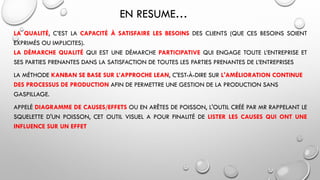 EN RESUME…
LA QUALITÉ, C’EST LA CAPACITÉ À SATISFAIRE LES BESOINS DES CLIENTS (QUE CES BESOINS SOIENT
EXPRIMÉS OU IMPLICITES).
LA DÉMARCHE QUALITÉ QUI EST UNE DÉMARCHE PARTICIPATIVE QUI ENGAGE TOUTE L’ENTREPRISE ET
SES PARTIES PRENANTES DANS LA SATISFACTION DE TOUTES LES PARTIES PRENANTES DE L’ENTREPRISES
LA MÉTHODE KANBAN SE BASE SUR L’APPROCHE LEAN, C'EST-À-DIRE SUR L'AMÉLIORATION CONTINUE
DES PROCESSUS DE PRODUCTION AFIN DE PERMETTRE UNE GESTION DE LA PRODUCTION SANS
GASPILLAGE.
APPELÉ DIAGRAMME DE CAUSES/EFFETS OU EN ARÊTES DE POISSON, L'OUTIL CRÉÉ PAR MR RAPPELANT LE
SQUELETTE D'UN POISSON, CET OUTIL VISUEL A POUR FINALITÉ DE LISTER LES CAUSES QUI ONT UNE
INFLUENCE SUR UN EFFET
 