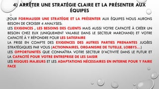 4) ARRÊTER UNE STRATÉGIE CLAIRE ET LA PRÉSENTER AUX
ÉQUIPES
POUR FORMALISER UNE STRATÉGIE ET LA PRÉSENTER AUX ÉQUIPES NOUS AURONS
BESOIN DE CROISER 4 ANALYSES:
LES EXIGENCES , LES BESOINS DES CLIENTS MAIS AUSSI VOTRE CAPACITÉ À CRÉER UN
BESOIN CHEZ EUX (UNIQUEMENT VALABLE DANS LE SECTEUR MARCHAND) ET VOTRE
CAPACITÉ À Y RÉPONDRE POUR LES SATISFAIRE
LA PRISE EN COMPTE DES EXIGENCES DES AUTRES PARTIES PRENANTES JUGÉES
STRATÉGIQUES PAR VOUS (ACTIONNAIRES, ORGANISME DE TUTELLE, LOBBYS…)
LES OPPORTUNITÉS QUE CONNAÎTRA VOTRE SECTEUR D’ACTIVITÉ DANS LE FUTUR ET
LA CAPACITÉ POUR VOTRE ENTREPRISE DE LES SAISIR
LES RISQUES MAJEURS ET LES ADAPTATIONS NÉCESSAIRES EN INTERNE POUR Y FAIRE
FACE
 