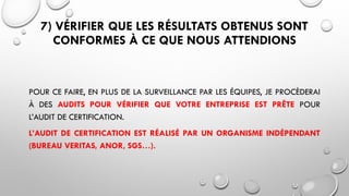 7) VÉRIFIER QUE LES RÉSULTATS OBTENUS SONT
CONFORMES À CE QUE NOUS ATTENDIONS
POUR CE FAIRE, EN PLUS DE LA SURVEILLANCE PAR LES ÉQUIPES, JE PROCÈDERAI
À DES AUDITS POUR VÉRIFIER QUE VOTRE ENTREPRISE EST PRÊTE POUR
L’AUDIT DE CERTIFICATION.
L’AUDIT DE CERTIFICATION EST RÉALISÉ PAR UN ORGANISME INDÉPENDANT
(BUREAU VERITAS, ANOR, SGS…).
 