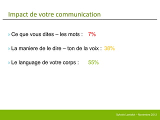 Impact de votre communication

› Ce que vous dites – les mots :   7%

› La maniere de le dire – ton de la voix : 38%

› Le language de votre corps :     55%




                                                 Sylvain Lamblot – Novembre 2012
 