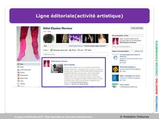 Partage des infos sur les réseaux sociaux
Ligne éditoriale(activité artistique)




                                                         FORMATION- MARKETING - CREATION D’EVENEMENTS
                                   © Rodolphe Delaunay
 