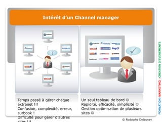 Intérêt d’un Channel manager




                                                                              FORMATION- MARKETING - CREATION D’EVENEMENTS
Temps passé à gérer chaque       Un seul tableau de bord 
extranet !!!                     Rapidité, efficacité, simplicité 
Confusion, complexité, erreur,   Gestion optimisation de plusieurs
surbook !                        sites 
Difficulté pour gérer d’autres
                                                        © Rodolphe Delaunay
 