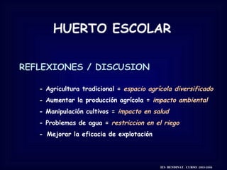 HUERTO ESCOLAR REFLEXIONES / DISCUSION -  Agricultura tradicional  =   espacio agrícola diversificado   -  Aumentar la producción agrícola  =   impacto ambiental   - Manipulación cultivos  =   impacto en salud - Problemas de agua  =   restriccion en el riego -   Mejorar la eficacia de explotación IES  BENDINAT.  CURSO  2003-2004 
