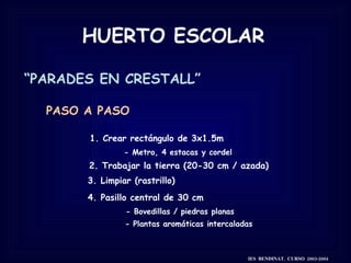 HUERTO ESCOLAR “ PARADES EN CRESTALL” 1. Crear r ectángulo de 3x1.5m   - Metro, 4 estacas y cordel  2. Trabajar la tierra (20-30 cm / azada) PASO A PASO 4. Pasillo central de 30 cm  - B ovedillas / piedras planas   - Plantas aromáticas intercaladas 3. Limpiar (rastrillo) IES  BENDINAT.  CURSO  2003-2004 