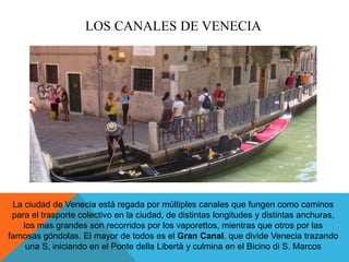 LOS CANALES DE VENECIA
La ciudad de Venecia está regada por múltiples canales que fungen como caminos
para el trasporte colectivo en la ciudad, de distintas longitudes y distintas anchuras,
los mas grandes son recorridos por los vaporettos, mientras que otros por las
famosas góndolas. El mayor de todos es el Gran Canal, que divide Venecia trazando
una S, iniciando en el Ponte della Libertà y culmina en el Bicino di S. Marcos
 