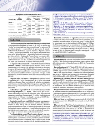 Las tarifas para vuelos no regulares de aerolíneas extranjeras
y aviones con matrícula extranjera ahora son las siguientes: pasa-
jeros $420 por vuelo; carga: $0,40 por kilo hasta 5.999 kg.; $0,30/
kg para cargas con un peso total de 6.000 kg hasta 14.999 kg y
$0,20/kg para cargas con un peso total de 15.000 kg y más. De
acuerdo con la redacción de la resolución conjunta del Ministerio
y el INAC, la tarifa para una carga con un peso total de 14.999 kg
sería de $4.499,70, mientras que el costo para una carga de 15.000
kg es de $3.000. (G.O.,3 de febrero).
Petróleo
Citgo Holding Co.colocó $1,5 millardos de bonos vencimiento
2020 al 12% de rendimiento a vencimiento, o sea a casi del doble
del rendimiento del 6,4% de los bonos vto. 2022 de Citgo propia-
mente dicho.
La producción de OPEP fue de 2.321.000 b/d (solo crudos) en
enero, 53.000 b/d menos que en diciembre. Según los estimados de
la OPEP, la producción venezolana fue de 2.321.000 b/d en enero,
1.000b/dmásqueendiciembre.ElMinisteriodePetróleoyMinería
por su parte, informó que la producción venezolana promedió
2.683.000b/den2014,103.000b/d(3,7%)menosqueen2013.
El ministro de Petróleo y Minería, Asdrúbal Chávez,yEulogio
del Pino de PDVSA se reunieron la semana pasada con diferentes
miembrosdelaAsociaciónVenezolana de Hidrocarburos (AVHI).
Por lo que VenEconomía puede decir, no salió nada importante
de esa reunión, aun así, el mero hecho de que se diera un inter-
cambio de opiniones debe verse como positivo.
Los precios mundiales del petróleo bajaron un poco (debido a
las informaciones acerca de máximos históricos en los inventarios)
y registraron una marcada recuperación (tras conocerse la caída
de las actividades de perforación en todo el mundo), cerrando la
semana con una fuerte alza.
El crudo Brentse vendió a un precio promedio de $55,28/bbl.
en la semana que cerró el 6 de febrero, subiendo así $6,45/bbl. en
la semana.
El precio spot del West Texas Internationalcayóabruptamente
el 3 de febrero, de $53,05/bbl. a $48,05/bbl, pero luego rebotó de la
misma manera para cerrar ayer en $52,86/bbl.. El promedio de la
semana que cerró el 6 de febrero fue de $49,56/bbl., $6,00/bbl. más
VenEconomía, le invita a participar en sus próximos Talleres:
Viernes 20 de febrero: Taller estratégico: Entre la Hiperinflación
y el Hiperajuste. Estrategias y Tácticas para el 2015. Facilita-
dor: Ing. Boris Ackerman Vaisman. Profesosr USB. Asesor fi-
nanciero.
Miércoles 25 de febrero: Ley Antimonopolio. Facilitadores:
Enrique González, Economista y Homero Moreno, Abogado.
Miércoles 11 de marzo: Delitos económicos, cambiarios y
Tributarios bajo la Ley Habilitante. Facilitador: Fernando M.
Fernández. Abogado. Despacho de Abogados miembro de
Baker & McKenzie.
Más información en www.veneconomia.com o por los teléfo-
nos 7618121 al 26.
Industria
Gobiernohaanunciadoladetencióndemásde20empresarios
y gerentes de distribuidoras en lo que va de 2015, en su afán por
‘probar’la existencia de una “guerra económica”en su contra. Al
presidente ejecutivo y vicepresidente de operaciones de la cade-
na Farmatodo, Pedro Luis Angarita Azpúrua y Agustín Antonio
Álvarez Costa, respectivamente, se les imputa la presunta comi-
sión de los delitos de boicot y desestabilización de la economía,
previstos en la Ley Orgánica de Precios Justos. Los mismos deli-
tos les fueron imputados a Manuel Morales Ordosgoitti, director
de Practimercados Día Día, la cadena de alimentos y productos
del hogar que también fue ¨ocupada¨ la semana pasada.
El régimen no ha comunicado a Farmatodo en qué consiste la
supuesta “alianza” entre ambos, según la cual la cadena de far-
macias pasaría a formar parte de la Misión Alimentación. En cuan-
to a la red de Practimercados Día Día, Maduro anunció que ordenó
a la Superintendencia de Precios Justos (Sundee) iniciar todos
los procedimientos administrativos y judiciales para que los 36
locales de la red pasen a formar parte de la red de distribución de
PDVAL.
Empresas Polar “en la mira” del régimen:El gobierno emitió
la resolución 003-15 (G.O.Extraordinaria N° 6.170del miércoles 4
de febrero), donde se fija el precio único de la harina precocida de
maíz blanco y amarillo en Bs.19 por kilogramo y se prohíbe “toda
fabricación y comercialización de harinas de maíz mejoradas o
mezcladas”.
SEBIN detuvo al presidente de la Asociación Venezolana de
Clínicas y Hospitales (AVCH), Dr. Carlos Rosales, por declara-
ciones realizadas en un canal de televisión sobre la grave crisis
de escasez que afecta al sector salud. El médico fue detenido en
su consultorio en Valencia y trasladado a la sede del SEBIN don-
de fue interrogado y posteriormente liberado.
Asociación de enfermeras pidió declarar emergencia en sec-
tor salud: Su presidenta, Ana Contreras, se refirió al desabasteci-
miento de entre 60% y 70% de insumos médicos: “podemos
responsablemente decir que ya se está convirtiendo en una crisis
humanitaria, puesto que estamos viendo la disminución del ciclo
de vida de nuestros pacientes y nos está invadiendo la impoten-
cia porque no tenemos cómo resolver esta situación”.
Pirelli dejará de producir 57 mil cauchos al mes, lo que equi-
vale a un recorte del 50% de la producción, debido a la escasez de
materia prima. Luis Alberto Álvarez, secretario general del Sindi-
cato de Trabajadores de la empresa, explicó que el recorte es una
estrategia para extender la producción de neumáticos hasta mayo.
Suscríbase ya a nuestras publicaciones y descubra por qué
VenEconomía es la mejor respuesta a sus necesidades de in-
formación. Contacte a nuestro Departamento de Mercadeo y
Ventas por los teléfonos: (58212) 761.81.21 al 26, o a través de
mercadeo@veneconomia.com.
30 Ene.
Liquidez (M2) 2.045.994 2.018.143 2.008.733 1.259.920
27.850 1,4% 37.260 1,9% 786.074 62,4%
Bancos: /*
Depósitos 2.097.951 2.086.746 2.069.401 1.288.556
11.205 0,5% 28.549 1,4% 809.934 62,8%
Colocaciones 1.154.587 1.149.428 1.149.524 641.098
5.159 0,4% 5.063 0,4% 513.489 80,1%
Inversiones 624.104 623.073 624.345 458.641
1.031 0,17% (240) 0,04% 165.463 36,1%
Encaje excedente 146.743 133.950 132.404 130.541
12.792 9,6% 14.338 10,8% 16.202 12,4%
Fuentes: BCV y cálculos de VenEconom ía.
/* Hasta la semana del 23 de enero.
Agregados Monetarios (Millones de Bs.)
Hace 4 sem, Hace 52 sem,23 Ene.
------------ Cambio desde ------------
 