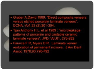  Graber A.David 1989: "Direct composite veneers
versus etched porcelain laminate veneers".
DCNA. Vo1.33 (2),301-304.
 Tjan Anthony H.L. et al 1989 : "microleakage
patterns of porcelain and castable ceramic
laminate veneers". JPD. Vol.61, 276-282
 Faunce F R, Myers D R. Laminate veneer
restoration of permanent incisors. J Am Dent
Assoc 1976;93:790-792
 