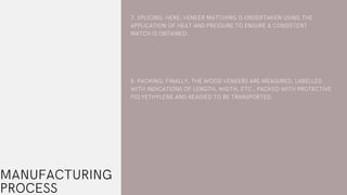MANUFACTURING
PROCESS
7. SPLICING: HERE, VENEER MATCHING IS UNDERTAKEN USING THE
APPLICATION OF HEAT AND PRESSURE TO ENSURE A CONSISTENT
MATCH IS OBTAINED.
8. PACKING: FINALLY, THE WOOD VENEERS ARE MEASURED, LABELLED
WITH INDICATIONS OF LENGTH, WIDTH, ETC., PACKED WITH PROTECTIVE
POLYETHYLENE AND READIED TO BE TRANSPORTED.
 