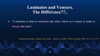 10
Laminates and Veneers.
The Difference??..
 “A laminate is done to maintain the color, where as a veneer is made to
change the color.”
Sandesh M Mayekar , Shades of a colour – illusion or reality?. DCNA. January 2001, 45 (1) 155 -173.
 