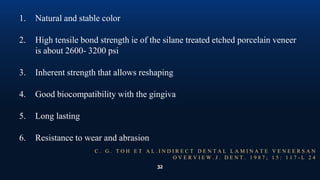 32
1. Natural and stable color
2. High tensile bond strength ie of the silane treated etched porcelain veneer
is about 2600- 3200 psi
3. Inherent strength that allows reshaping
4. Good biocompatibility with the gingiva
5. Long lasting
6. Resistance to wear and abrasion
C . G . T O H E T A L . I N D I R E C T D E N T A L L A M I N A T E V E N E E R S A N
O V E R V I E W . J . D E N T . 1 9 8 7 ; 1 5 : 1 1 7 - L 2 4
 