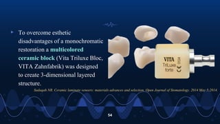 ▹ To overcome esthetic
disadvantages of a monochromatic
restoration a multicolored
ceramic block (Vita Triluxe Bloc,
VITA Zahnfabrik) was designed
to create 3-dimensional layered
structure.
54
Sadaqah NR. Ceramic laminate veneers: materials advances and selection. Open Journal of Stomatology. 2014 May 5;2014.
 