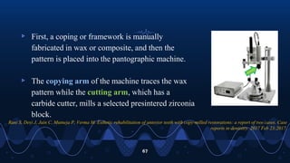 ▹ First, a coping or framework is manually
fabricated in wax or composite, and then the
pattern is placed into the pantographic machine.
▹ The copying arm of the machine traces the wax
pattern while the cutting arm, which has a
carbide cutter, mills a selected presintered zirconia
block.
67
Rani S, Devi J, Jain C, Mutneja P, Verma M. Esthetic rehabilitation of anterior teeth with copy-milled restorations: a report of two cases. Case
reports in dentistry. 2017 Feb 23;2017.
 