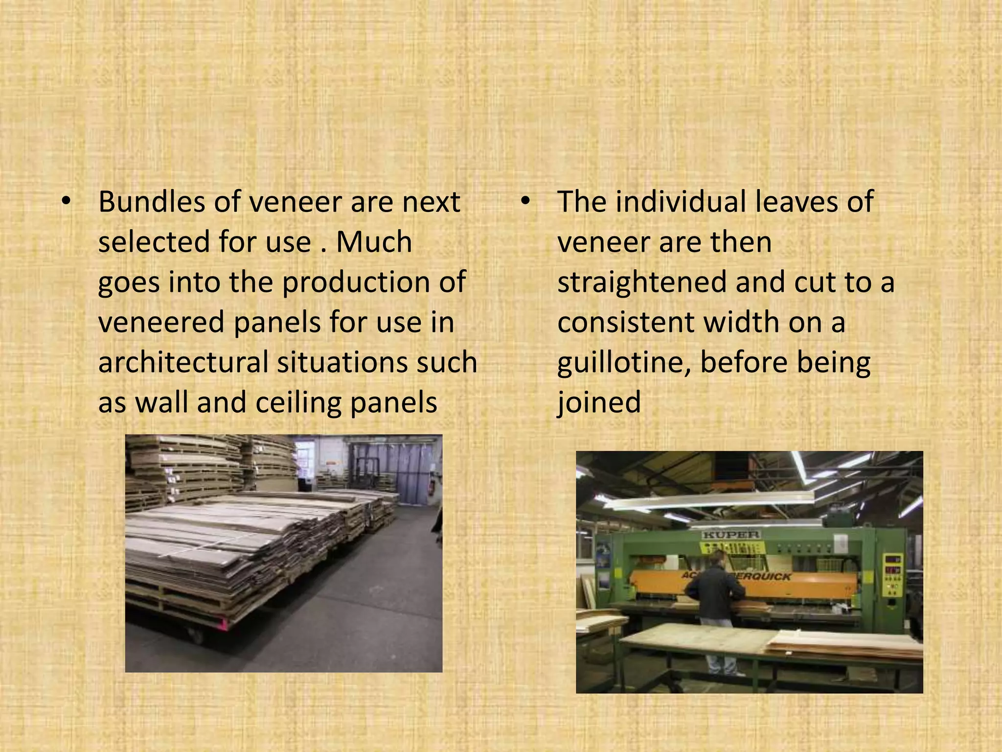 • Bundles of veneer are next
selected for use . Much
goes into the production of
veneered panels for use in
architectural situations such
as wall and ceiling panels
• The individual leaves of
veneer are then
straightened and cut to a
consistent width on a
guillotine, before being
joined
 