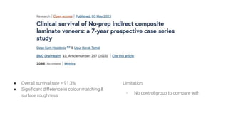 ● Overall survival rate = 91.3%
● Significant difference in colour matching &
surface roughness
Limitation:
- No control group to compare with
 