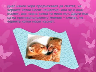  Днес някои хора продължават да смятат, че
черните котки носят нещастие, или че е лош
късмет, ако черна котка ти мине път. Други пък
са на противоположното мнение – смятат, че
черните котки носят късмет.
 