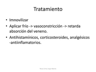 Tratamiento
• Imnovilizar
• Aplicar frío -> vasoconstricción -> retarda
  absorción del veneno.
• Antihistamínicos, corticosteroides, analgésicos
  -antiinflamatorios.




                   Rosas Urías Jorge Alberto
 