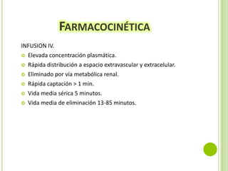 FARMACOCINÉTICA
INFUSION IV.
 Elevada concentración plasmática.
 Rápida distribución a espacio extravascular y extracelular.
 Eliminado por vía metabólica renal.
 Rápida captación > 1 min.
 Vida media sérica 5 minutos.
 Vida media de eliminación 13-85 minutos.

 
