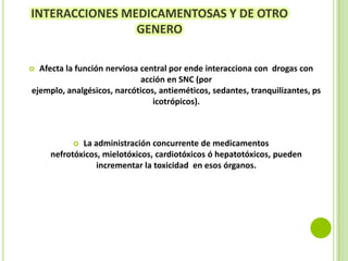 INTERACCIONES MEDICAMENTOSAS Y DE OTRO
GENERO
Afecta la función nerviosa central por ende interacciona con drogas con
acción en SNC (por
ejemplo, analgésicos, narcóticos, antieméticos, sedantes, tranquilizantes, ps
icotrópicos).



La administración concurrente de medicamentos
nefrotóxicos, mielotóxicos, cardiotóxicos ó hepatotóxicos, pueden
incrementar la toxicidad en esos órganos.


 