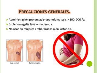 PRECAUCIONES GENERALES.
Administración prolongada= granulomatosis > 100, 000 /μl
 Esplenomegalia leve o moderada.
 No usar en mujeres embarazadas o en lactancia.


 