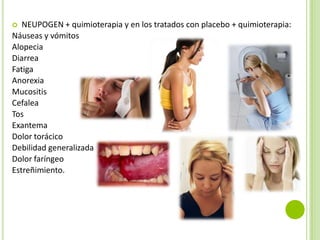 NEUPOGEN + quimioterapia y en los tratados con placebo + quimioterapia:
Náuseas y vómitos
Alopecia
Diarrea
Fatiga
Anorexia
Mucositis
Cefalea
Tos
Exantema
Dolor torácico
Debilidad generalizada
Dolor faríngeo
Estreñimiento.


 