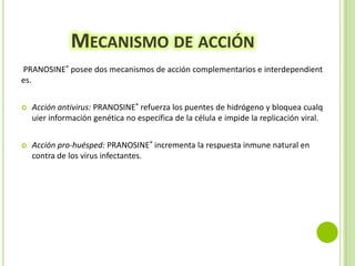 MECANISMO DE ACCIÓN
PRANOSINE® posee dos mecanismos de acción complementarios e interdependient
es.


Acción antivirus: PRANOSINE® refuerza los puentes de hidrógeno y bloquea cualq
uier información genética no específica de la célula e impide la replicación viral.



Acción pro-huésped: PRANOSINE® incrementa la respuesta inmune natural en
contra de los virus infectantes.

 