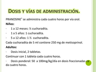 DOSIS Y VÍAS DE ADMINISTRACIÓN.
PRANOSINE® se administra cada cuatro horas por vía oral.
Niños:
· 1 a 12 meses: ½ cucharadita.
· 1 a 5 años: 1 cucharadita.
· 5 a 12 años: 1 ½ cucharadita.
Cada cucharadita de 5 ml contiene 250 mg de metisoprinol.
Adultos:
· Dosis inicial, 2 tabletas.
Continuar con 1 tableta cada cuatro horas.
· Dosis ponderal: 50 a 100mg/kg/día en dosis fraccionadas ca
da cuatro horas.

 