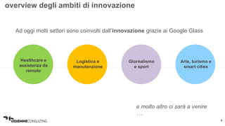 8 
overview degli ambiti di innovazione 
Ad oggi molti settori sono coinvolti dall’innovazione grazie ai Google Glass 
e molto altro ci sarà a venire 
…. 
Healthcare e 
assistenza da 
remoto 
Logistica e 
manutenzione 
Giornalismo 
e sport 
Arte, turismo e 
smart cities 
 