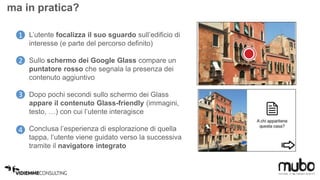 ma in pratica? 
1. L’utente focalizza il suo sguardo sull’edificio di 
interesse (e parte del percorso definito) 
2. Sullo schermo dei Google Glass compare un 
puntatore rosso che segnala la presenza dei 
contenuto aggiuntivo 
3. Dopo pochi secondi sullo schermo dei Glass 
appare il contenuto Glass-friendly (immagini, 
testo, …) con cui l’utente interagisce 
4. Conclusa l’esperienza di esplorazione di quella 
tappa, l’utente viene guidato verso la successiva 
tramite il navigatore integrato 
1 
2 
3 
4 
 