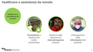 9 
healthcare e assistenza da remoto 
Healthcare e 
assistenza da 
remoto 
Formazione a 
distanza dei 
medici 
(Humanitas) 
Gestione delle 
situazioni di 
maxi-emergenza 
(Anpas) 
Interrogazione 
delle 
informazioni del 
paziente 
 
