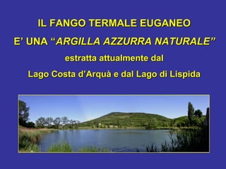 IL FANGO TERMALE EUGANEOIL FANGO TERMALE EUGANEO
E’ UNA “E’ UNA “ARGILLA AZZURRA NATURALE”ARGILLA AZZURRA NATURALE”
estratta attualmente dalestratta attualmente dal
Lago Costa d’Arquà e dal Lago di LispidaLago Costa d’Arquà e dal Lago di Lispida
 