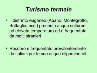 Turismo termale
• Il distretto euganeo (Abano, Montegrotto,
Battaglia, ecc.) presenta acque sulfuree
ad elevata temperatura ed è frequentata
da molti stranieri
• Recoaro è frequentato prevalentemente
da italiani per le sue acque oligominerali.
 