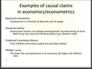 Examples of causal claims
in economics/econometrics
Keynesian economics
Employment is a function of demand, not of supply
Keynesian policy
Government actions can change unemployment, by intervening on fiscal
deficit (e.g. tax cuts) and monetary policy (e.g. interests rates)
Friedman’s monetary theory
Price inflation and money supply are (causally) related
Phillips’ curve
The lower the unemployment in an economy, the higher the inflation
rates
…
3
 