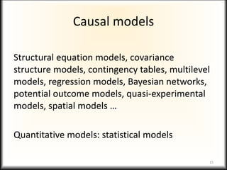 Causal models
Structural equation models, covariance
structure models, contingency tables, multilevel
models, regression models, Bayesian networks,
potential outcome models, quasi-experimental
models, spatial models …
Quantitative models: statistical models
15
 