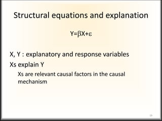 Structural equations and explanation
Y=X+
X, Y : explanatory and response variables
Xs explain Y
Xs are relevant causal factors in the causal
mechanism
19
 