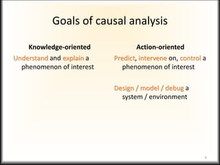 Goals of causal analysis
Knowledge-oriented
Understand and explain a
phenomenon of interest
Action-oriented
Predict, intervene on, control a
phenomenon of interest
Design / model / debug a
system / environment
6
 
