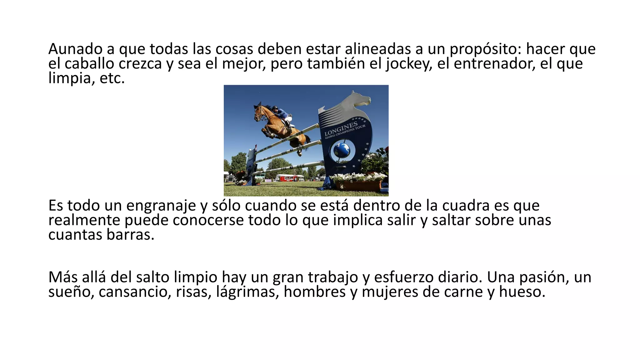 Aunado a que todas las cosas deben estar alineadas a un propósito: hacer que
el caballo crezca y sea el mejor, pero también el jockey, el entrenador, el que
limpia, etc.
Es todo un engranaje y sólo cuando se está dentro de la cuadra es que
realmente puede conocerse todo lo que implica salir y saltar sobre unas
cuantas barras.
Más allá del salto limpio hay un gran trabajo y esfuerzo diario. Una pasión, un
sueño, cansancio, risas, lágrimas, hombres y mujeres de carne y hueso.
 