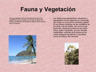 Fauna y Vegetación Sus principales centros de endemismo son las cordilleras de los Andes y la Costa, la Sierra de Perijá y el Macizo de Guayana dentro de la cuenca del río Orinoco.  Las diferencias paisajísticas, climáticas y topográficas de las regiones de Venezuela dan origen a una enorme variedad vegetal. En las selvas nubladas de las cordilleras de la Costa y de los Andes, así como en las serranías, destaca la presencia de cedro dulce, jarillo o apamate, que son árboles maderables, además de la presencia de varias especies de palmas y orquídeas, como la cattleya, flor nacional  