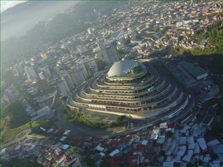 El Helicoide de Caracas, fue el edificio
más moderno del mundo a finales de los
años cincuenta. Fue un centro
comercial, al cual se podía subir en
coche hasta la cima. Tiene 13 pisos. En la
actualidad es la sede de la Policía
Judicial. Tiene forma geométrica
triangular y está construido sobre una
colina lo cual le da forma piramidal.
 
