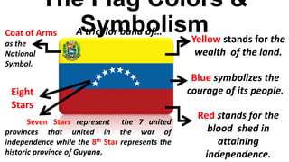 The Flag Colors &
SymbolismYellow stands for the
wealth of the land.
Blue symbolizes the
courage of its people.
Seven Stars represent the 7 united
provinces that united in the war of
independence while the 8th Star represents the
historic province of Guyana.
Red stands for the
blood shed in
attaining
independence.
Coat of Arms
as the
National
Symbol.
Eight
Stars
A tricolor band of…
 