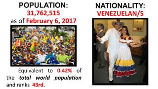NATIONALITY:
VENEZUELAN/S
POPULATION:
31,762,515
as of February 6, 2017
Equivalent to 0.42% of
the total world population
and ranks 43rd.
 