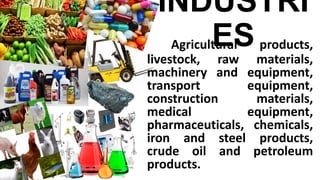 INDUSTRI
ESAgricultural products,
livestock, raw materials,
machinery and equipment,
transport equipment,
construction materials,
medical equipment,
pharmaceuticals, chemicals,
iron and steel products,
crude oil and petroleum
products.
 