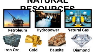 NATURAL
RESOURCES
Petroleum Hydropower Natural Gas
Iron Ore Gold Bauxite Diamond
 