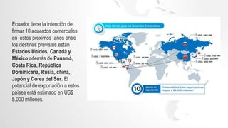 Ecuador tiene la intención de
firmar 10 acuerdos comerciales
en estos próximos años entre
los destinos previstos están
Estados Unidos, Canadá y
México además de Panamá,
Costa Rica, República
Dominicana, Rusia, china,
Japón y Corea del Sur. El
potencial de exportación a estos
países está estimado en US$
5.000 millones.
 