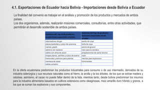 En la oferta ecuatoriana predominan los productos industriales para consumo o de uso intermedio, derivados de su
industria siderúrgica y sus recursos naturales como el hierro, la arcilla y la los árboles, de los que se extrae madera y
celulosa. asimismo, el cacao no puede faltar dentro de la lista. mientras tanto, desde bolivia predominan los insumos
para la industria alimentaria basados en cultivos extensivos como oleaginosas, maíz amarillo duro híbrido y granos, a
los que se suman los explosivos y sus componentes.
La finalidad del convenio es trabajar en el análisis y promoción de los productos y mercados de ambos
países.
Los dos organismos, además, realizarán misiones comerciales, consultorías, entre otras actividades, que
permitirán el desarrollo sostenible de ambos países.
4.1. Exportaciones de Ecuador hacia Bolivia - Importaciones desde Bolivia a Ecuador
 