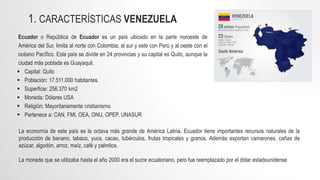 1. CARACTERÍSTICAS VENEZUELA
Ecuador o República de Ecuador es un país ubicado en la parte noroeste de
América del Sur, limita al norte con Colombia, al sur y este con Perú y al oeste con el
océano Pacífico. Este país se divide en 24 provincias y su capital es Quito, aunque la
ciudad más poblada es Guayaquil.
 Capital: Quito
 Población: 17.511.000 habitantes.
 Superficie: 256.370 km2
 Moneda: Dólares USA
 Religión: Mayoritariamente cristianismo
 Pertenece a: CAN, FMI, OEA, ONU, OPEP, UNASUR
La economía de este país es la octava más grande de América Latina. Ecuador tiene importantes recursos naturales de la
producción de banano, tabaco, yuca, cacao, tubérculos, frutas tropicales y granos. Además exportan camarones, cañas de
azúcar, algodón, arroz, maíz, café y palmitos.
La moneda que se utilizaba hasta el año 2000 era el sucre ecuatoriano, pero fue reemplazado por el dólar estadounidense
 