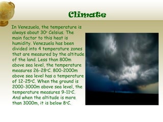 Climate
In Venezuela, the temperature is
always about 30o Celsius. The
main factor to this heat is
humidity. Venezuela has been
divided into 4 temperature zones
that are measured by the altitude
of the land. Less than 800m
above sea level, the temperature
measures 26-28oC. 800-2000m
above sea level has a temperature
of 12-25oC. When the ground is
2000-3000m above sea level, the
temperature measures 9-11oC.
And when the altitude is more
than 3000m, it is below 8oC.
 
