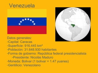 Venezuela

Datos generales:
-Capital: Caracas
-Superficie: 916.445 km²
-Población: 31.648.930 habitantes
-Forma de gobierno: República federal presidencialista
-Presidente: Nicolás Maduro
-Moneda: Bolivar (1 bolivar = 1.47 yuanes)
-Gentilicio: Venezolano

 
