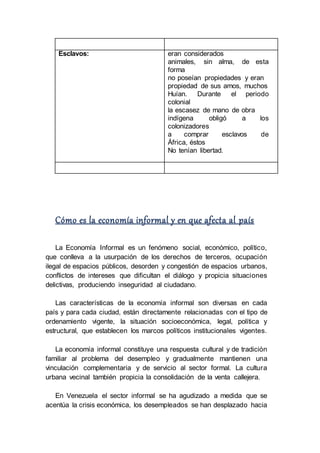 Esclavos: eran considerados
animales, sin alma, de esta
forma
no poseían propiedades y eran
propiedad de sus amos, muchos
Huían. Durante el periodo
colonial
la escasez de mano de obra
indígena obligó a los
colonizadores
a comprar esclavos de
África, éstos
No tenían libertad.
Cómo es la economía informal y en que afecta al país
La Economía Informal es un fenómeno social, económico, político,
que conlleva a la usurpación de los derechos de terceros, ocupación
ilegal de espacios públicos, desorden y congestión de espacios urbanos,
conflictos de intereses que dificultan el diálogo y propicia situaciones
delictivas, produciendo inseguridad al ciudadano.
Las características de la economía informal son diversas en cada
país y para cada ciudad, están directamente relacionadas con el tipo de
ordenamiento vigente, la situación socioeconómica, legal, política y
estructural, que establecen los marcos políticos institucionales vigentes.
La economía informal constituye una respuesta cultural y de tradición
familiar al problema del desempleo y gradualmente mantienen una
vinculación complementaria y de servicio al sector formal. La cultura
urbana vecinal también propicia la consolidación de la venta callejera.
En Venezuela el sector informal se ha agudizado a medida que se
acentúa la crisis económica, los desempleados se han desplazado hacia
 