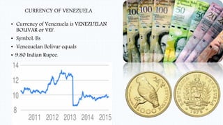 CURRENCY OF VENEZUELA
• Currency of Venezuela is VENEZUELAN
BOLIVAR or VEF.
• Symbol: Bs
• Venezuelan Bolívar equals
• 9.80 Indian Rupee.
 